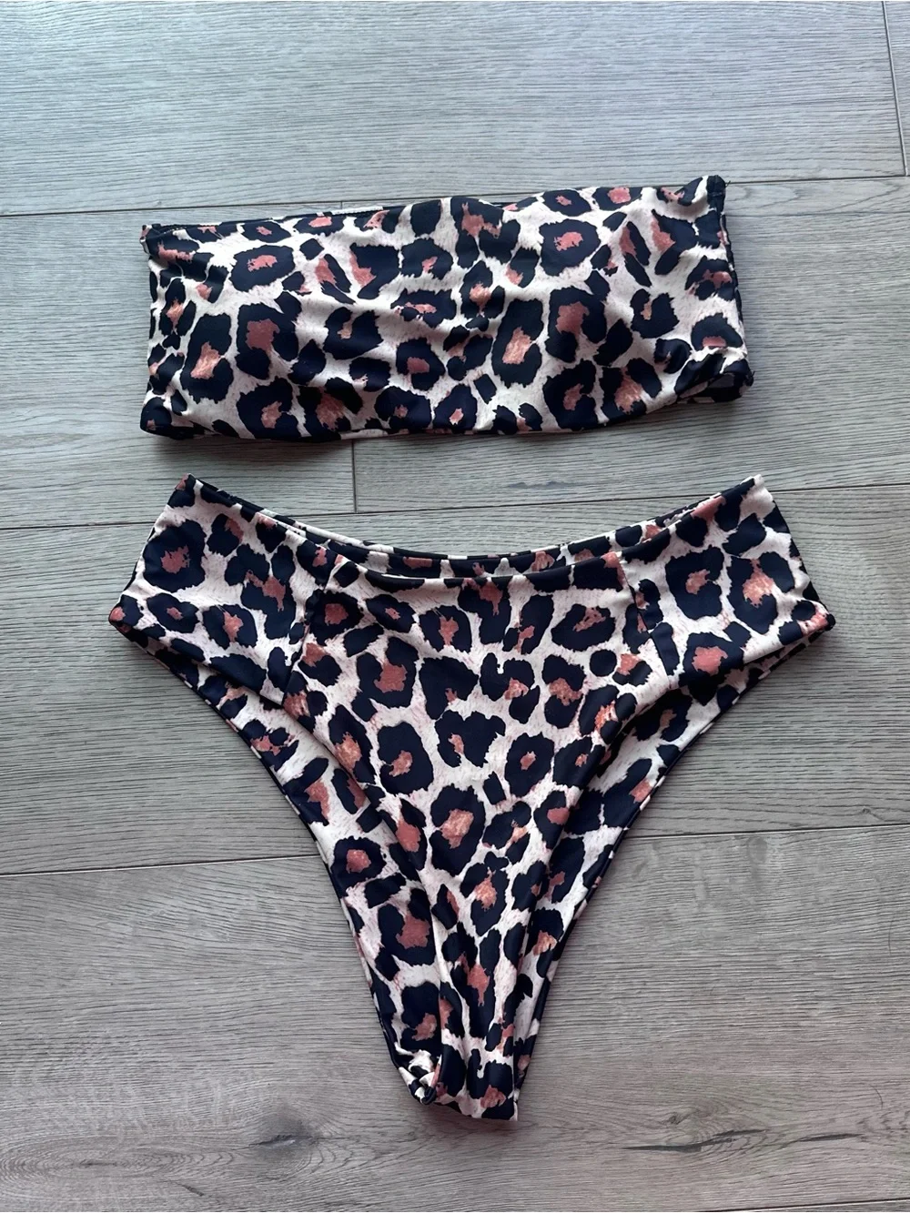 Women’s Large Leopard Print Bandeau Bikini High Waist High Leg Swimsuit